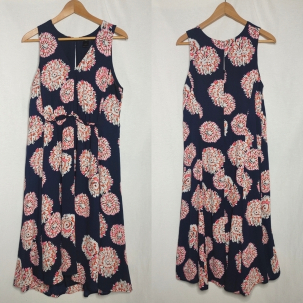 Ann Taylor Dress Sleeveless V-Neck Blue Pink White Orange Floral Midi 14P 14 XL
